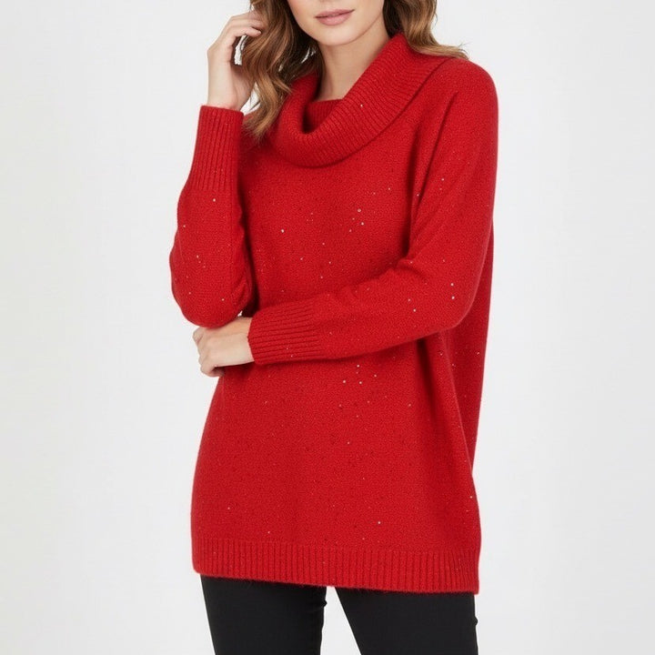 Chico's Sweater Womens Large Ruby Red Knit Sequin Cowl Neck Ribbed Cozy Outdoor