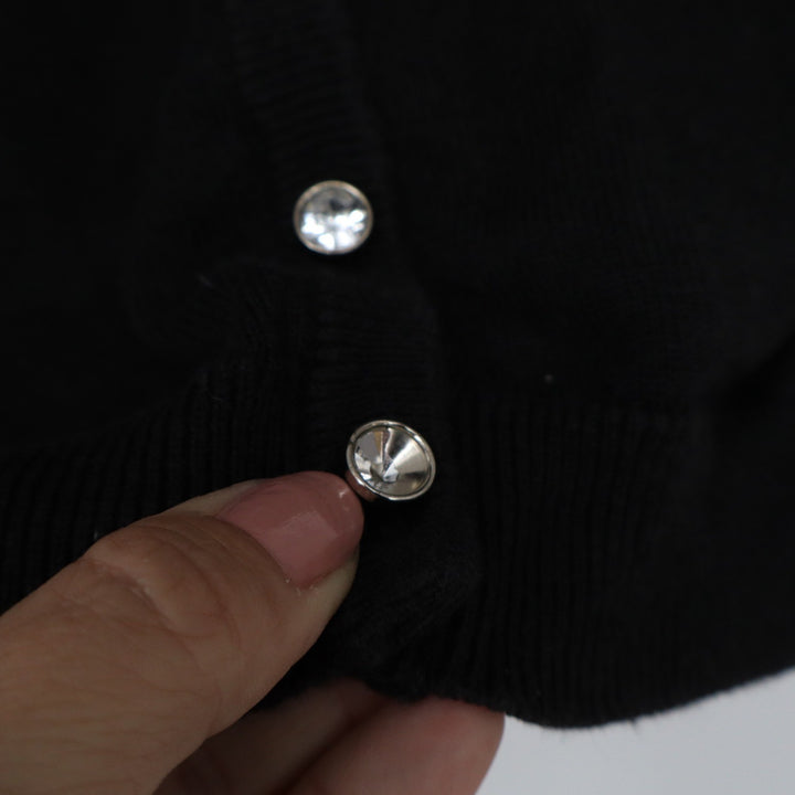 Joseph A Black Bow Shoulder Cardigan Sweater Rhinestone Button 3/4 Sleeve Small