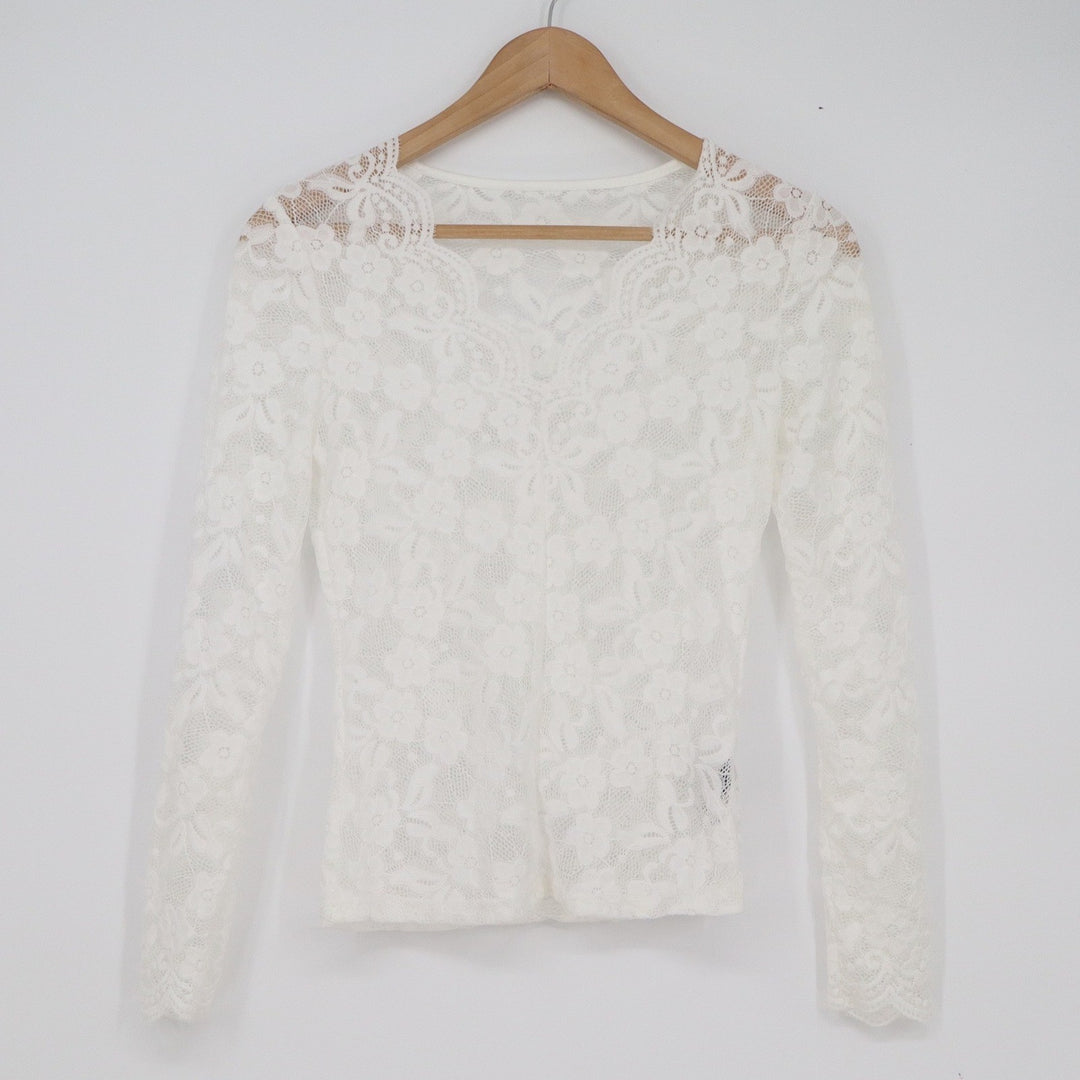 SHEIN White Floral Lace V-Neck Long Sleeve Sheer Blouse Top XS