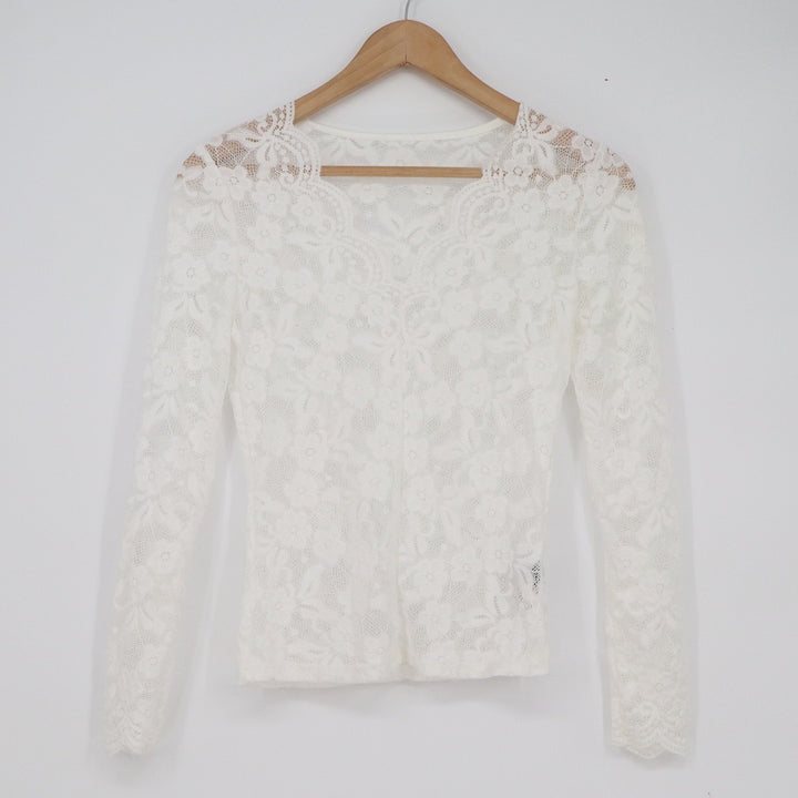 SHEIN White Floral Lace V-Neck Long Sleeve Sheer Blouse Top XS