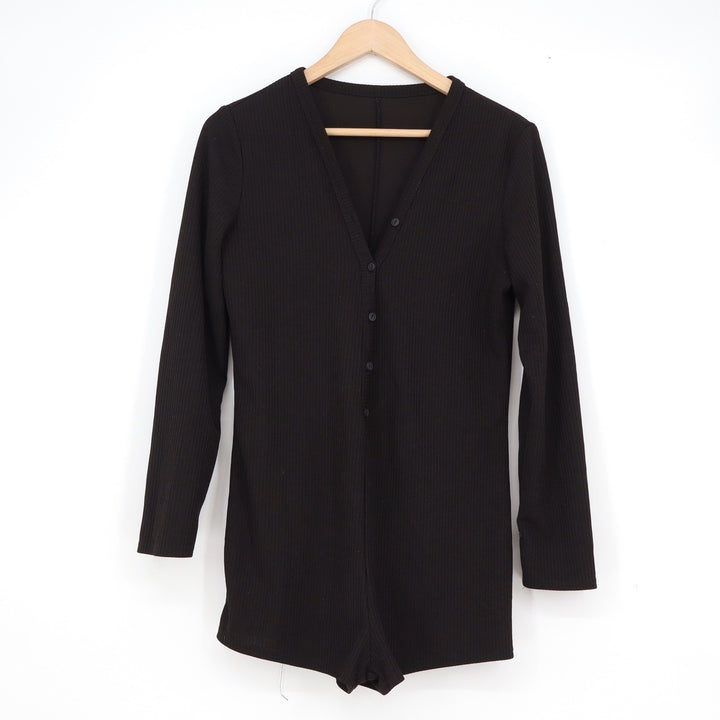 Shein Black Ribbed Knit Long Sleeve Button Front Romper Size L