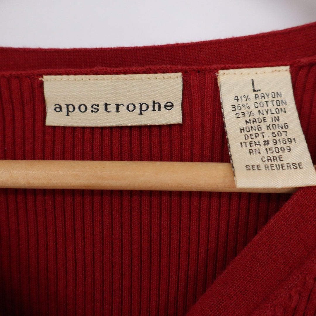 Apostrophe Red Ribbed Knit Button Front V-Neck Cardigan Sweater Womens Large