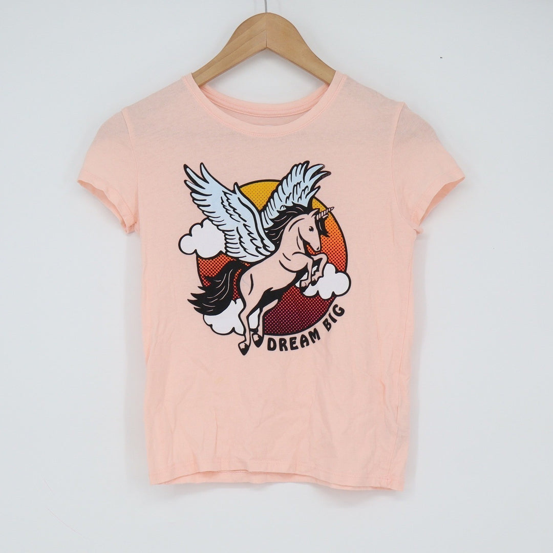 Old Navy T-shirt Girls M (8) Dream Big Unicorn Pegasus Peach Graphic Excellent