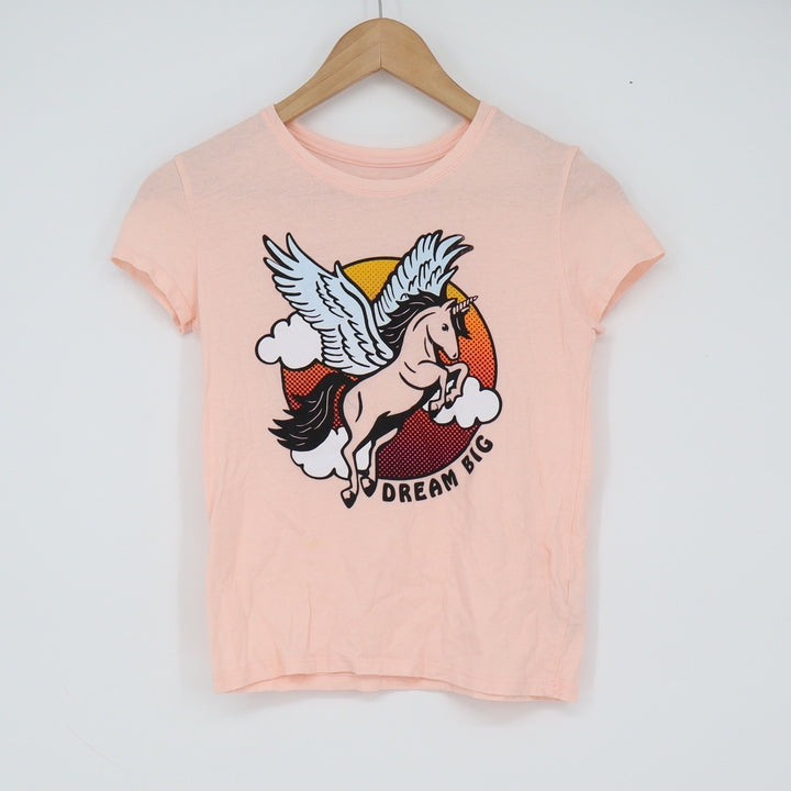 Old Navy T-shirt Girls M (8) Dream Big Unicorn Pegasus Peach Graphic Excellent