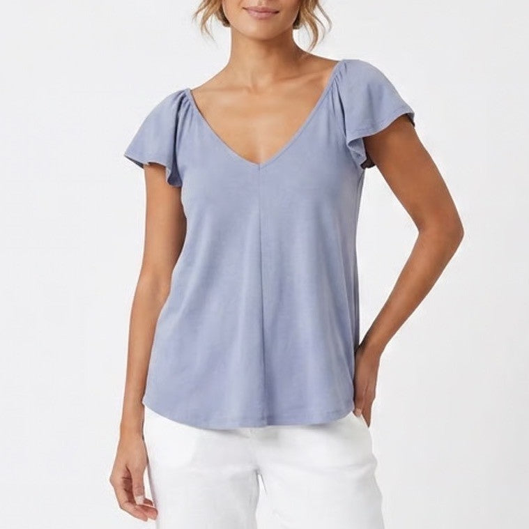 Green Envelope Dusty Blue Flutter Sleeve V-Neck Modal Blend Top Small