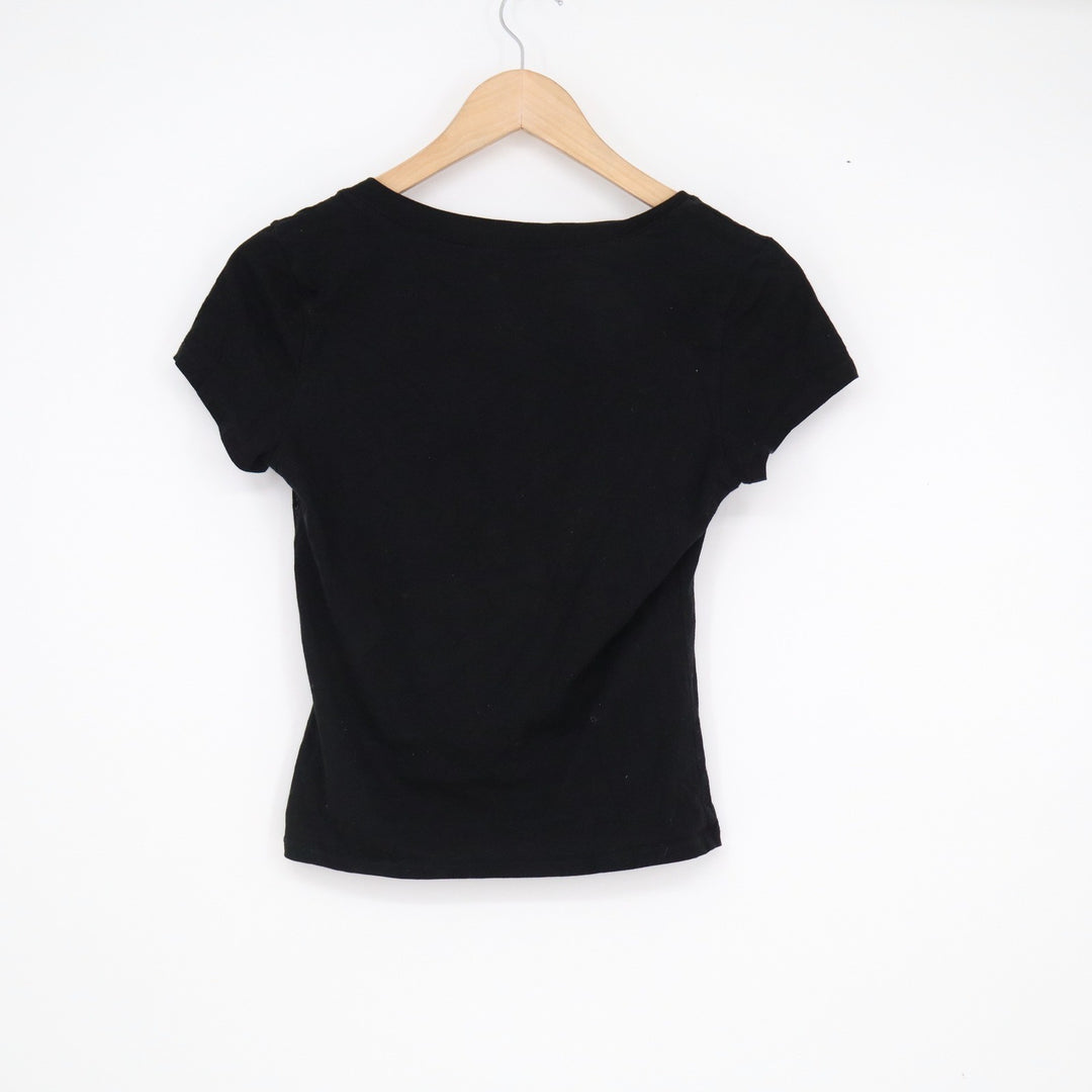 Ambiance Womens Black V-Neck Short Sleeve Cotton Stretch Basic Tee Shirt Small