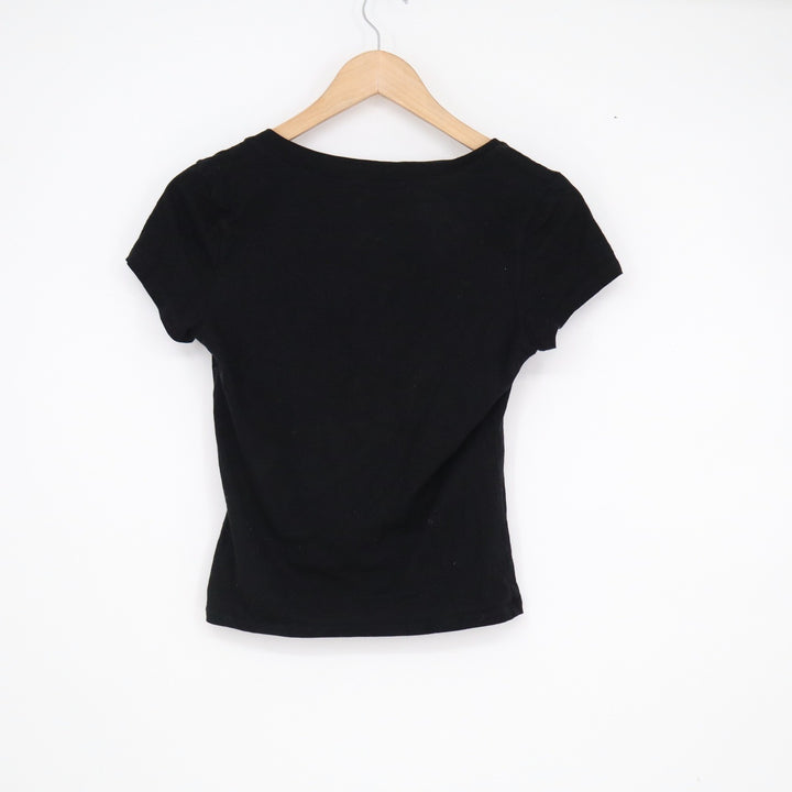 Ambiance Womens Black V-Neck Short Sleeve Cotton Stretch Basic Tee Shirt Small