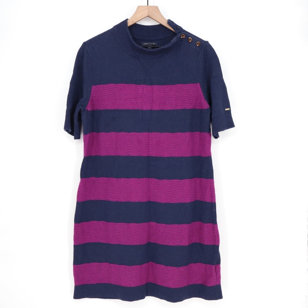 Tommy Hilfiger Sweater Dress Womens XL Blue Pink Striped Cotton Ribbed Mock Neck