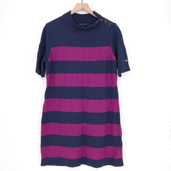 Tommy Hilfiger Sweater Dress Womens XL Blue Pink Striped Cotton Ribbed Mock Neck
