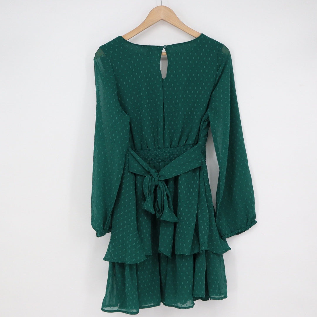 Japna Emerald Green Clip Dot Tiered Mini Dress V-Neck Long Sleeve L
