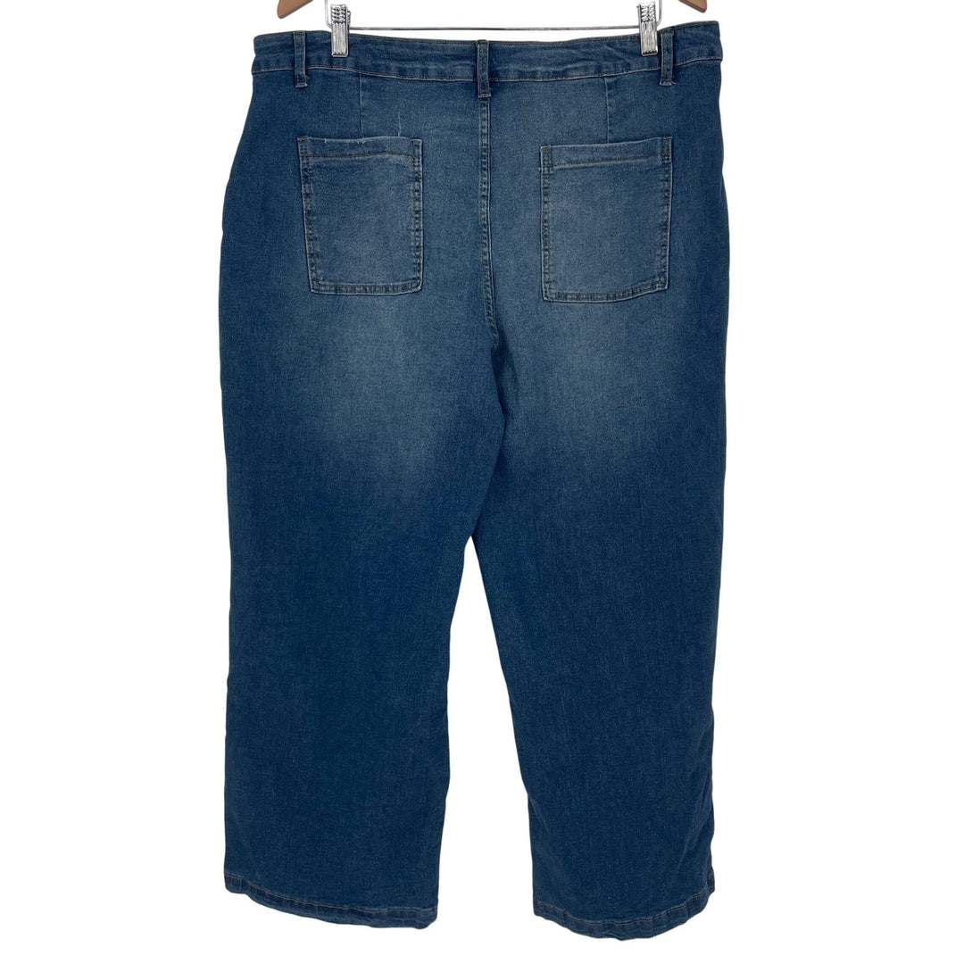 Plus Size 3XL Denim Jeans Wide Leg Cropped High Rise Pockets Blue