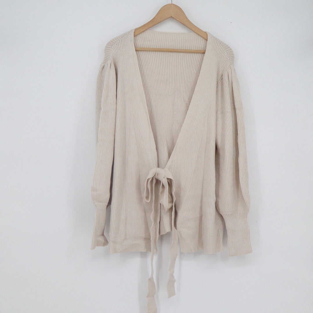 Beige Ribbed Wrap Cardigan Sweater XL Puff Sleeve Tie Front Cream Knit