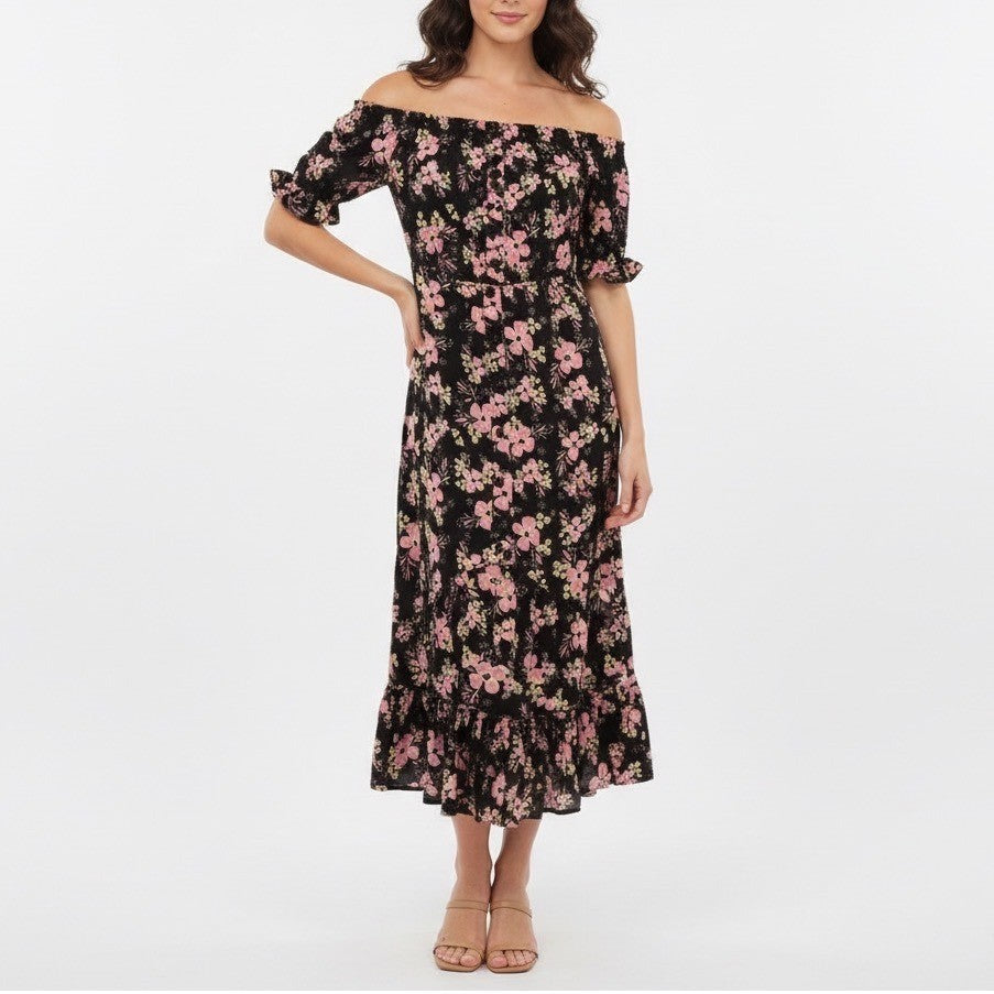 Rahi Cali A-Line Dress Women Small Black Floral Rayon Off The Shoulder Flare Hem