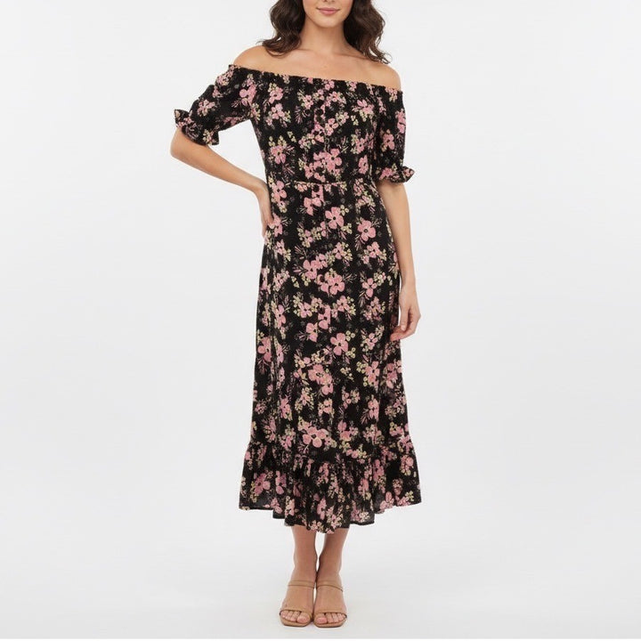 Rahi Cali A-Line Dress Women Small Black Floral Rayon Off The Shoulder Flare Hem