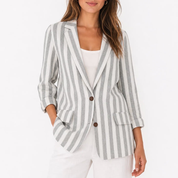 NYCC New York Clothing Co Grey White Striped Linen Blend Ruched Sleeve Blazer M