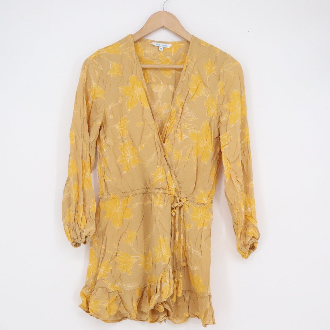 Blue Island Khaki Gold Floral Wrap Mini Dress XS Long Sleeve Ruffle Rayon
