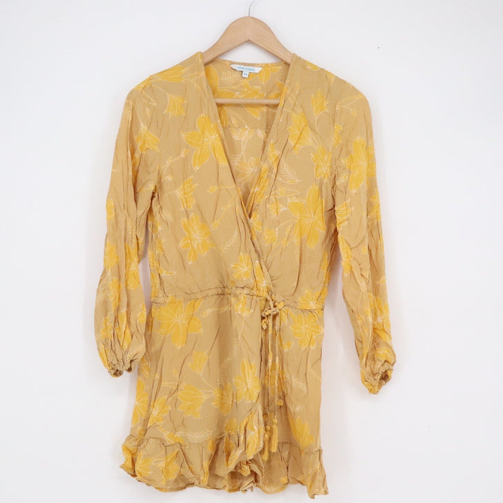 Blue Island Khaki Gold Floral Wrap Mini Dress XS Long Sleeve Ruffle Rayon