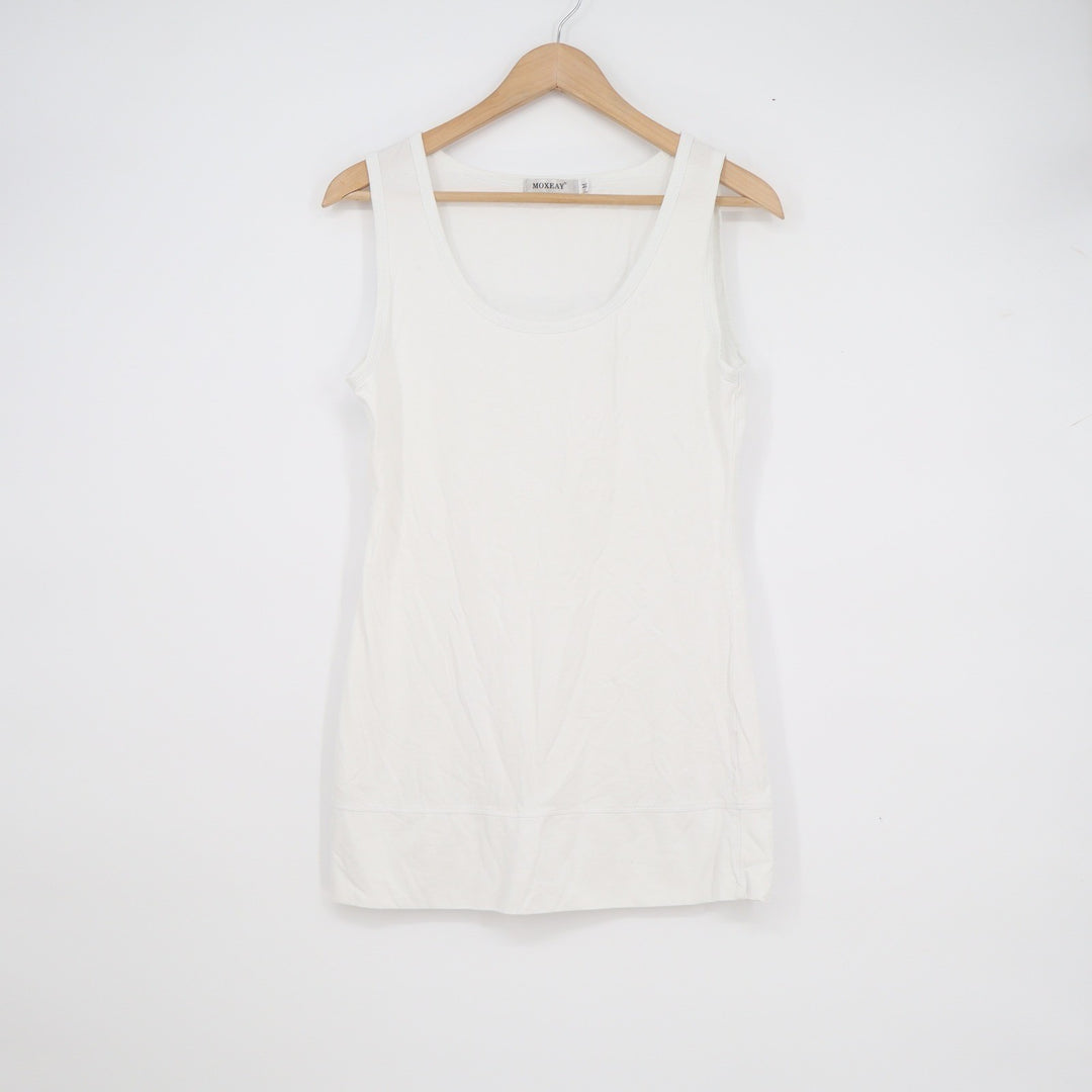 MOXEAY Womens White Scoop Neck Sleeveless Longline Tank Top Size M Cotton