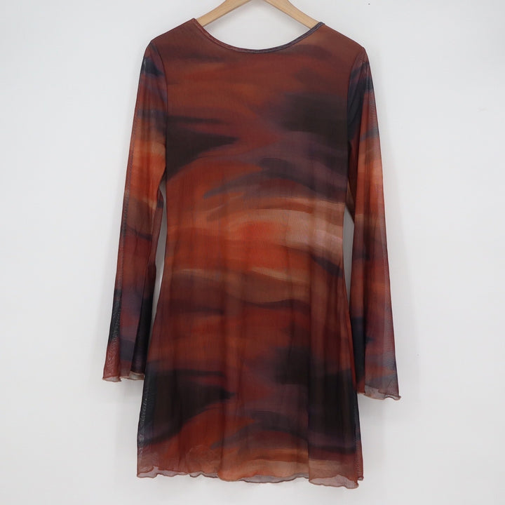 SHEIN Abstract Sunset Mesh Mini Dress Open Back Bell Sleeve Orange Brown Large
