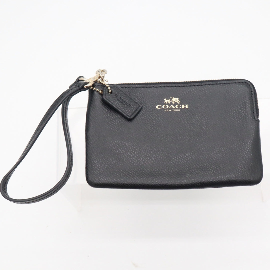 Coach Corner Zip Wristlet Black Crossgrain Leather Gold Logo