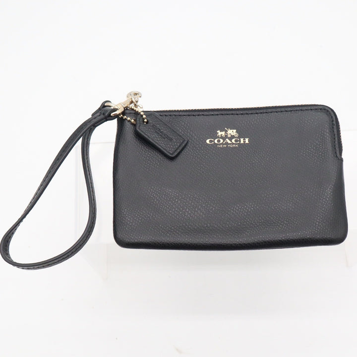 Coach Corner Zip Wristlet Black Crossgrain Leather Gold Logo