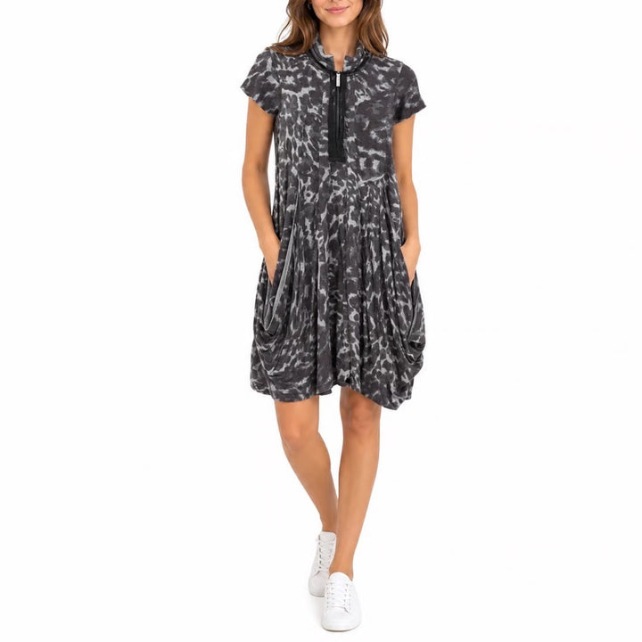 Kensie Grey Leopard Print Cowl Neck Short Sleeve Dress with Pockets XS