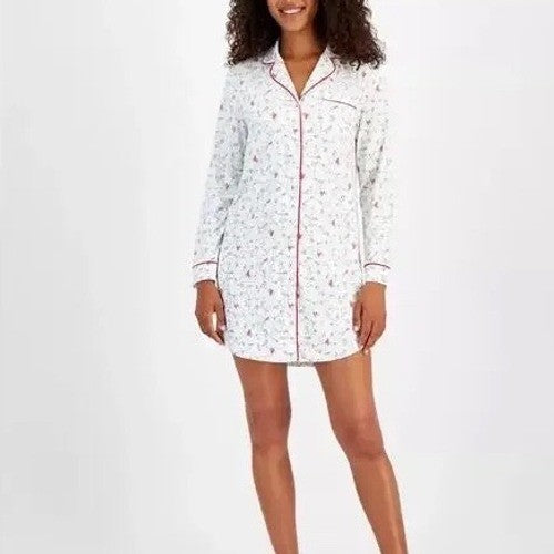 Charter Club Intimates Sleepshirt Women Medium White Floral Stretch Notch Collar