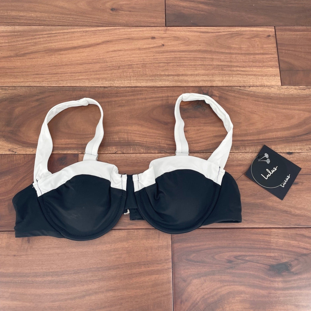 Lulus Black White Halter Bikini Top Strappy Cup Swimwear Size Medium