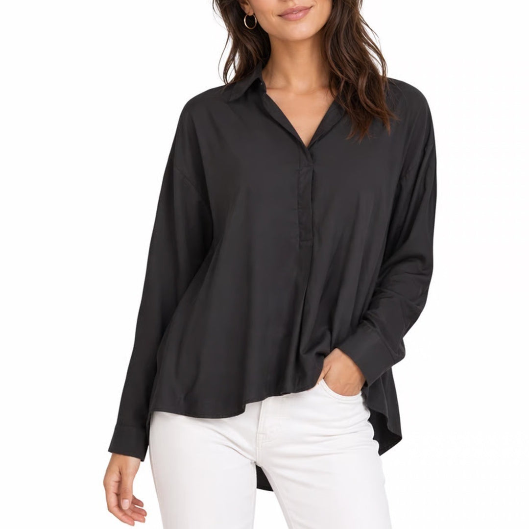 Shirt Womens XL Black High Low Hem Long Sleeve Spread Collar Button Up