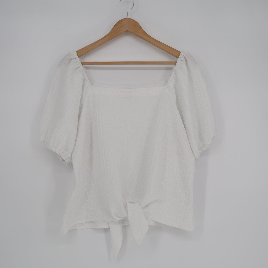 Loft Crop Top Womens L White Stretch Textured Tie Hem Square Neck Short Sleeve