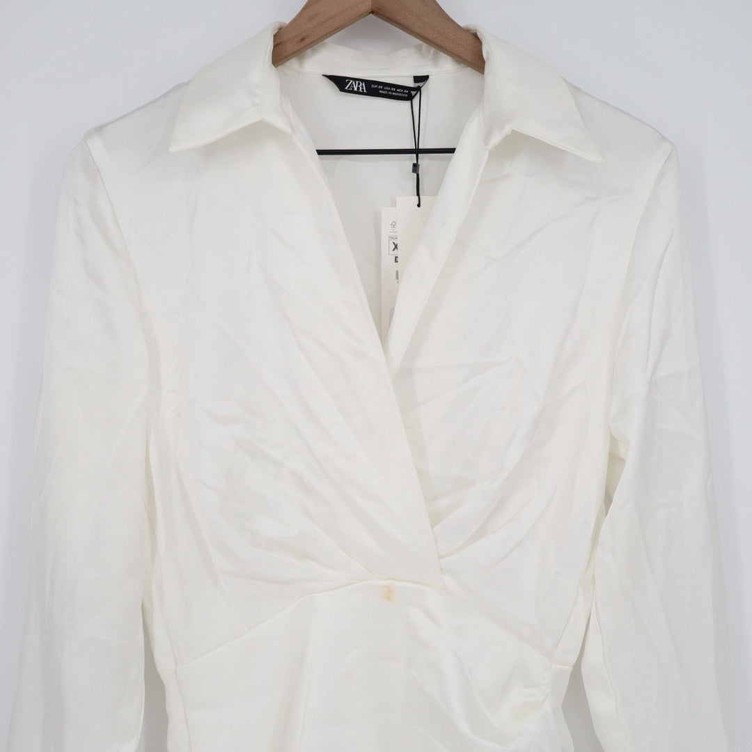 Zara Mini Dress Womens XS White Satin Effect Long Sleeve Surplice Neck Summer