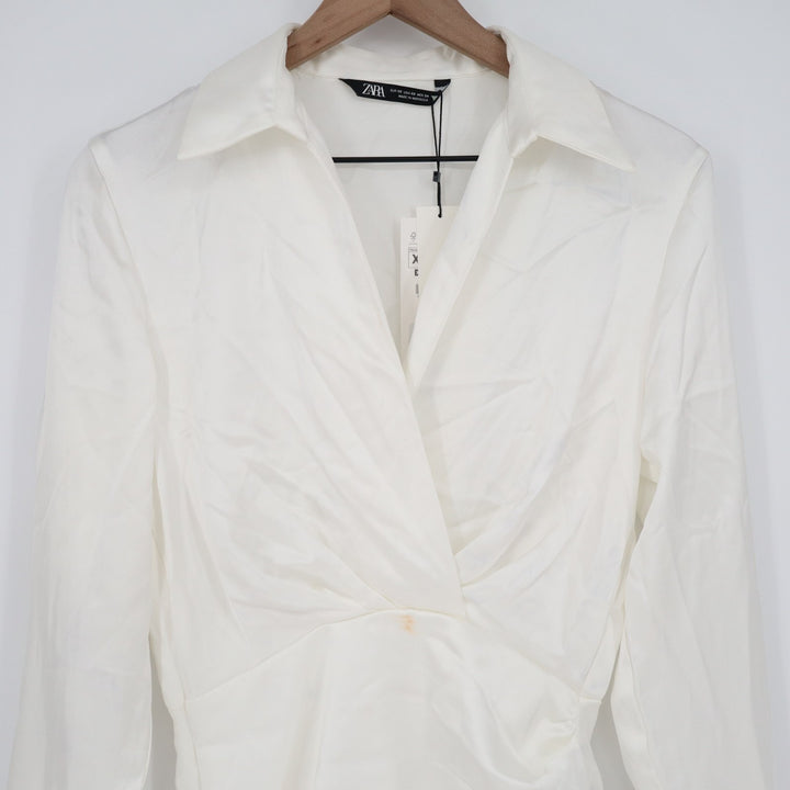 Zara Mini Dress Womens XS White Satin Effect Long Sleeve Surplice Neck Summer