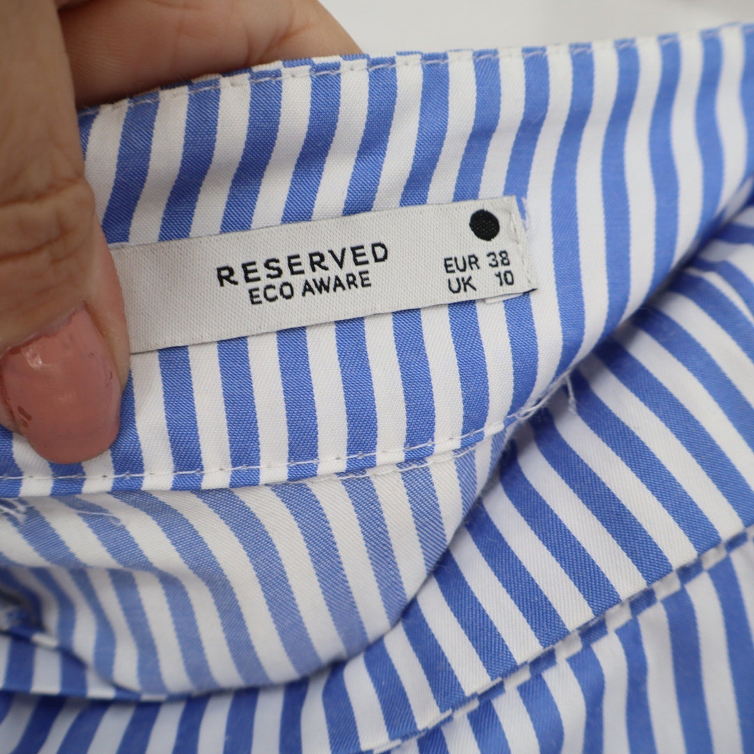 Reserved Eco Aware Blue White Striped A-Line Midi Skirt Tie Waist Womens Size 6