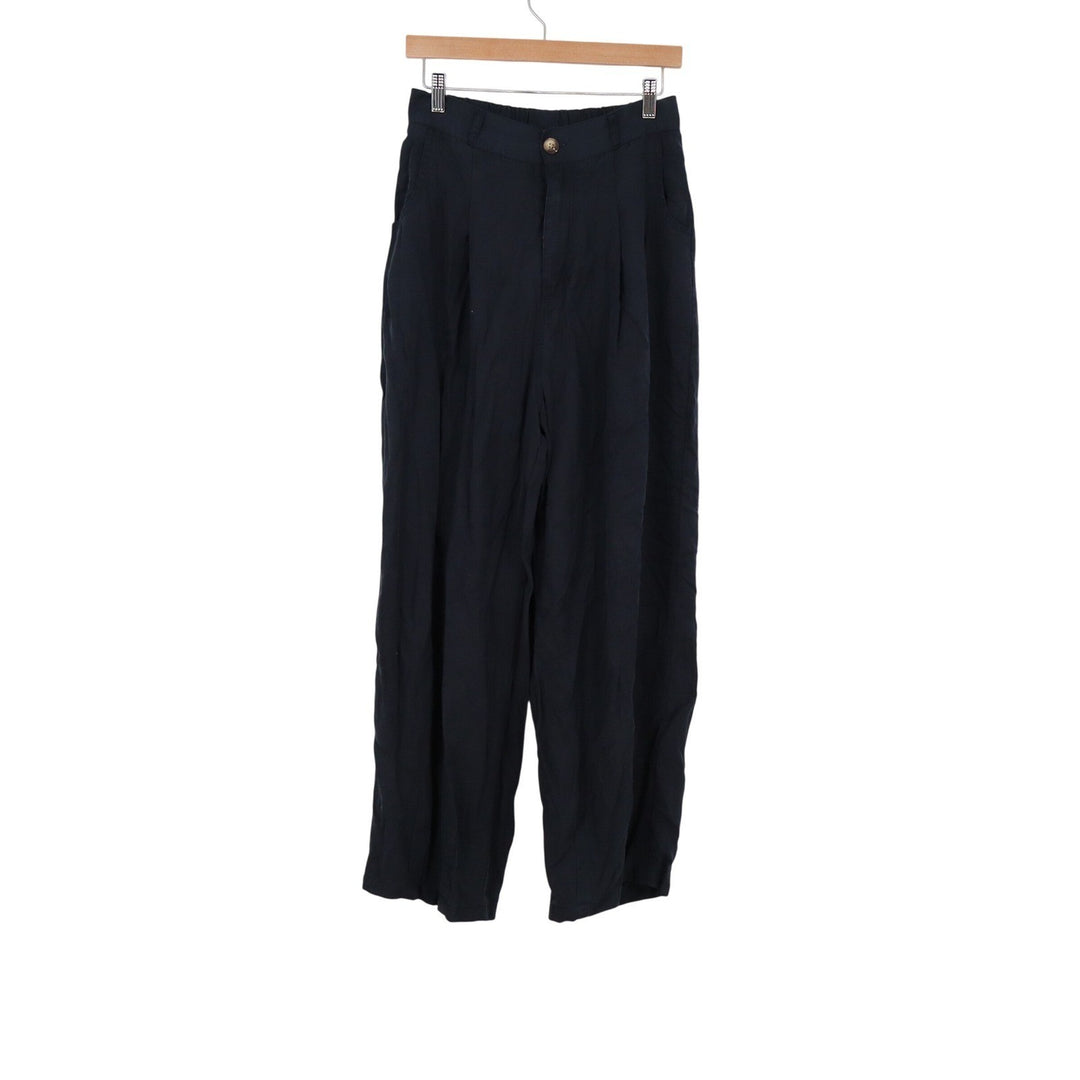 Navy Blue Wide Leg Pleated Trousers High Waist Elastic Back Pants Size L
