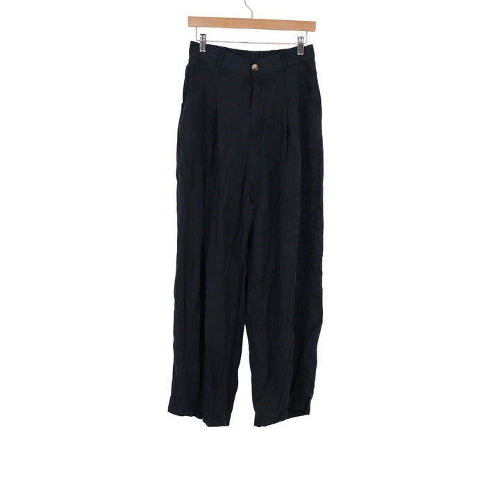 Navy Blue Wide Leg Pleated Trousers High Waist Elastic Back Pants Size L