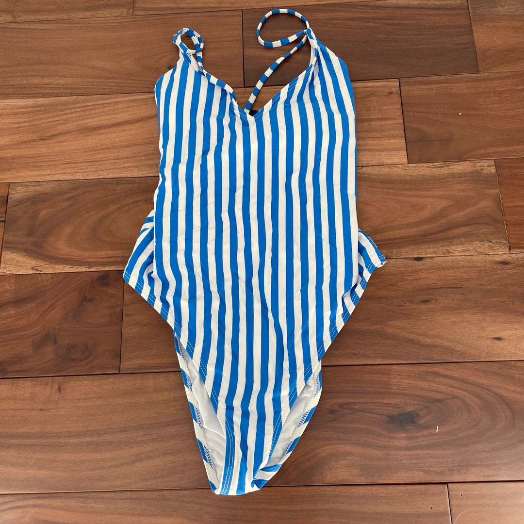 Lulus Blue White Stripe One Piece Swimsuit Tie Back High Cut Size M