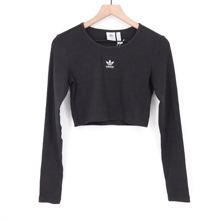 Adidas Originals Womens ESS Crop LS Ribbed Trefoil Top Black Size M