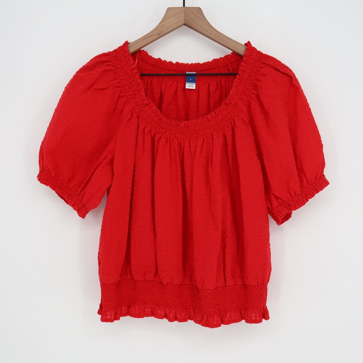 Old Navy Womens Red Smocked Puff Sleeve Peplum Blouse Top Size Large L