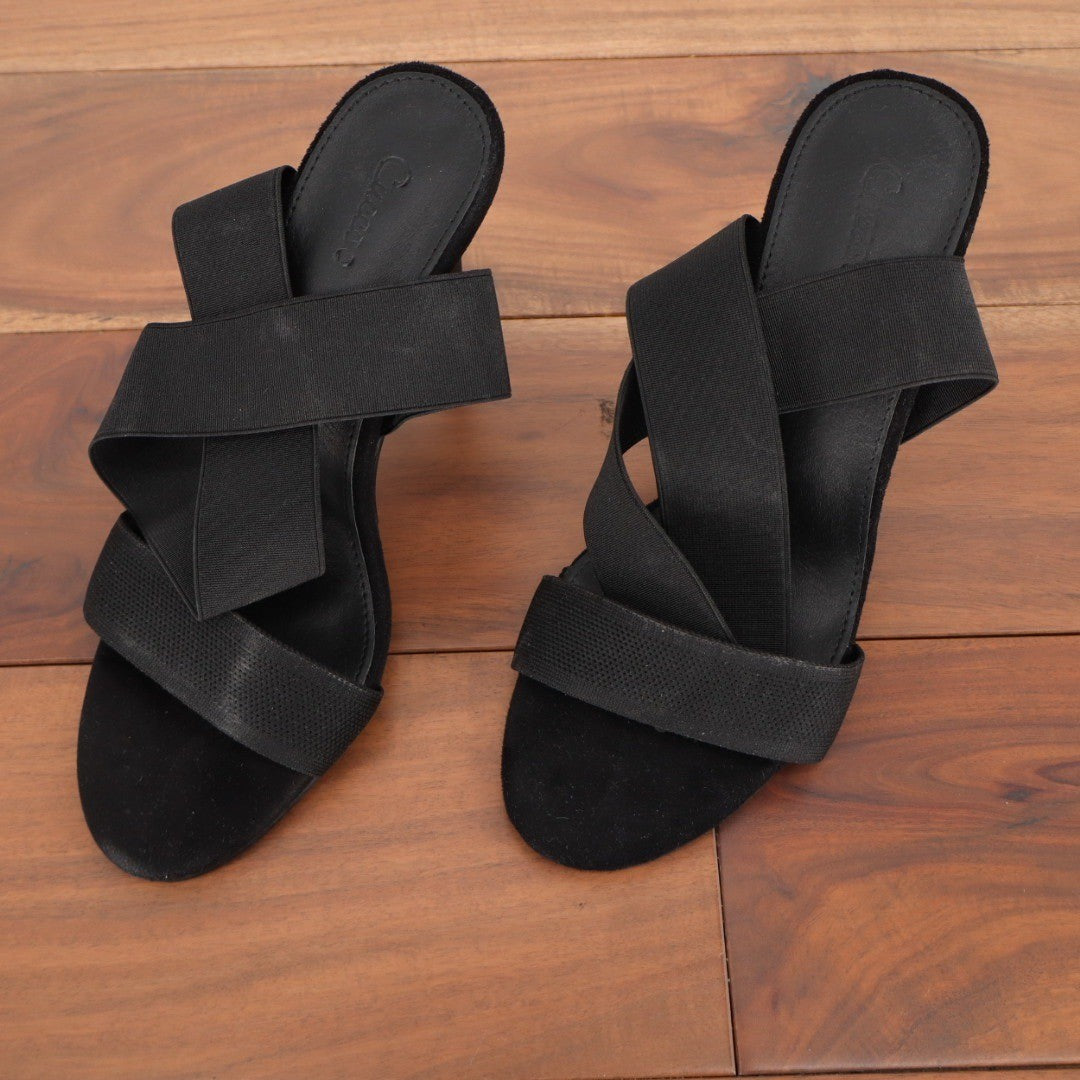 Cucco Black Suede Elastic Strap Stiletto Heeled Mules Sandals Size 37