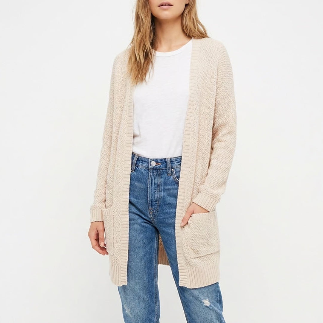 BDG Cardigan Sweater Womens Medium Beige Cotton Chunky Knit Pocket Open Front