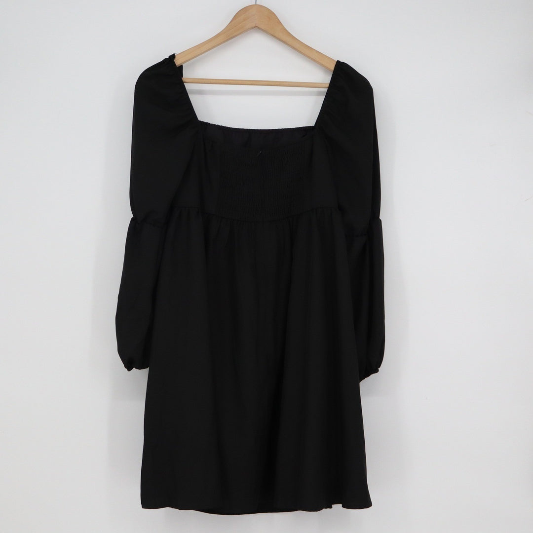 Exlura Black Puff Sleeve Mini Dress Square Neck Smocked Back L
