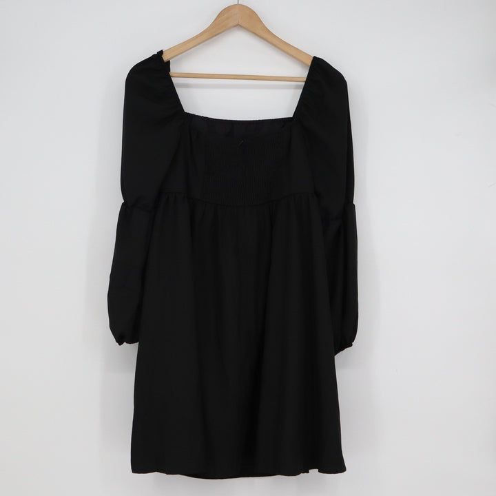 Exlura Black Puff Sleeve Mini Dress Square Neck Smocked Back L