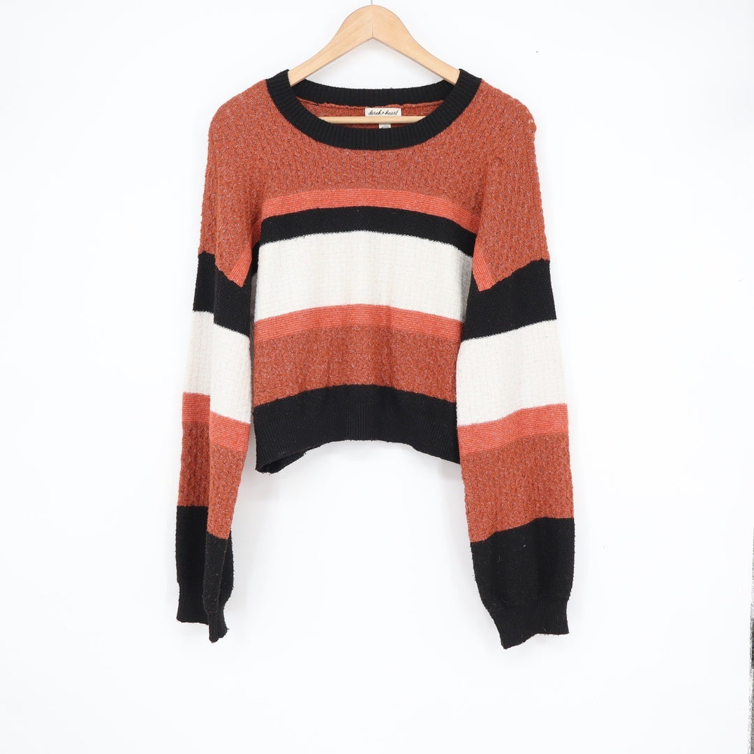 Derek Heart Womens Rust Orange Black White Striped Cropped Knit Sweater Large