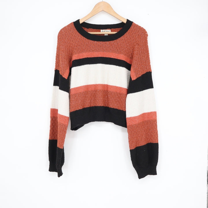 Derek Heart Womens Rust Orange Black White Striped Cropped Knit Sweater Large