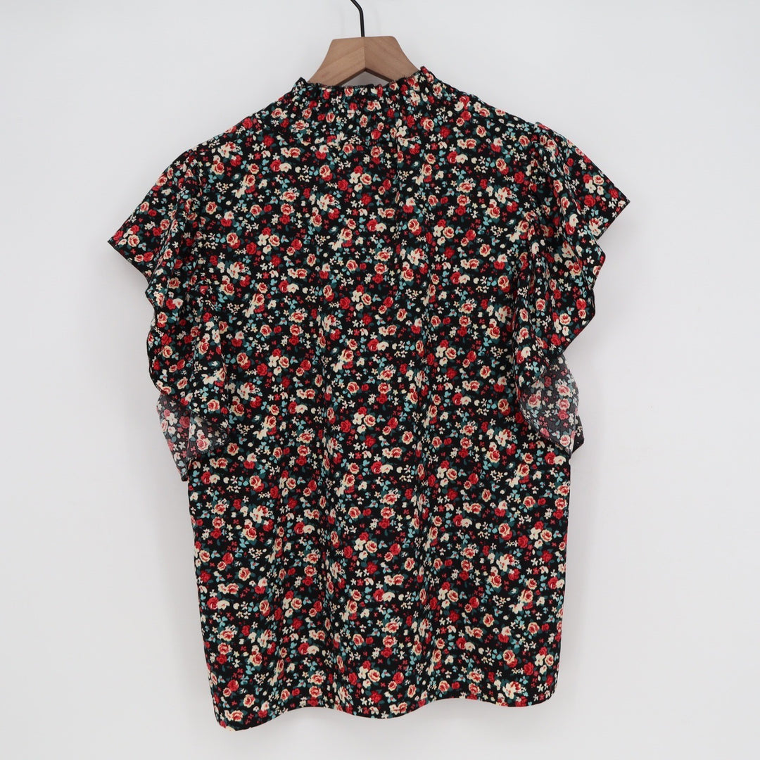 SHEIN Black Floral Mock Neck Flutter Sleeve Blouse Large