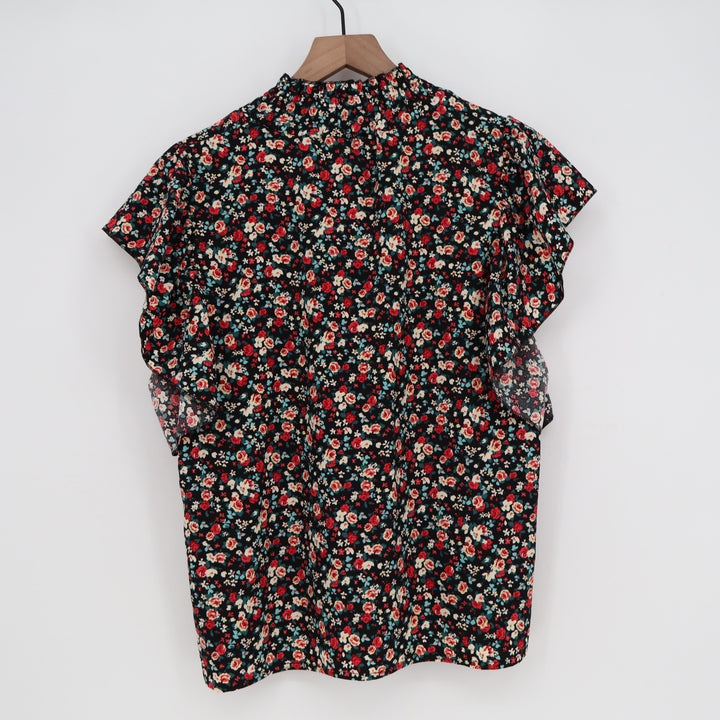 SHEIN Black Floral Mock Neck Flutter Sleeve Blouse Large