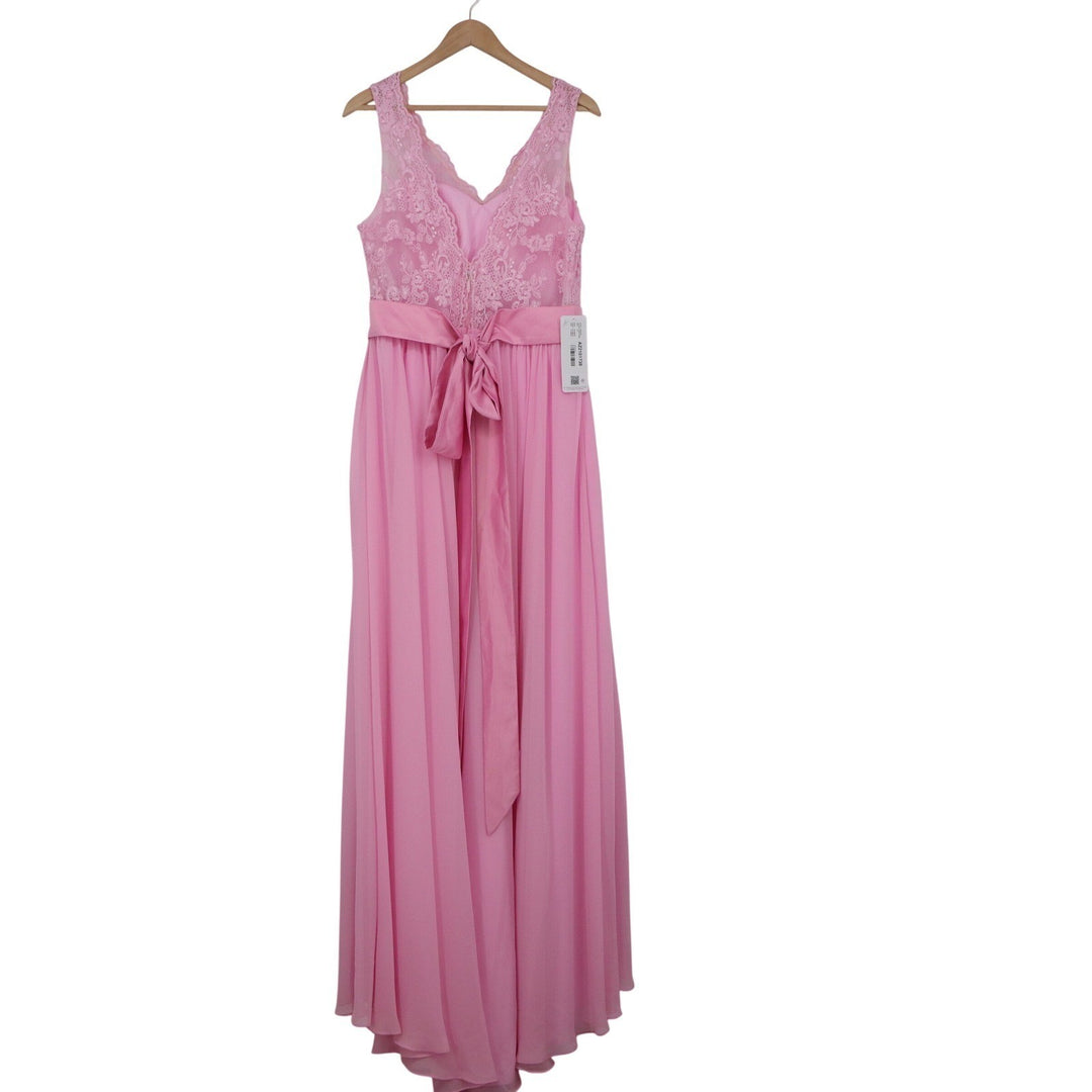Azazie Gertrude Candy Pink Lace Chiffon V-Neck Maxi Bridesmaid Dress