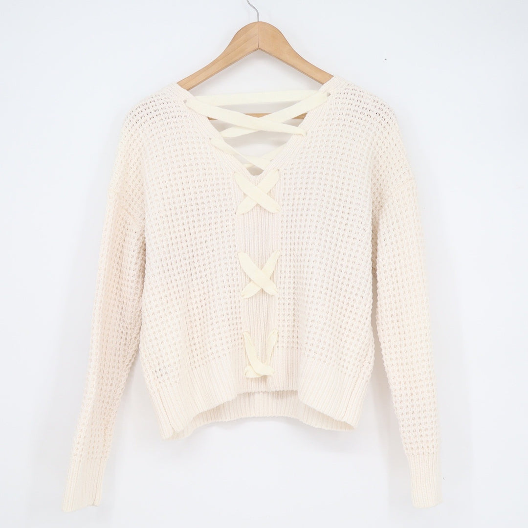 No Comment NY-LA Cream Waffle Knit Lace Up Back V-Neck Sweater Womens M