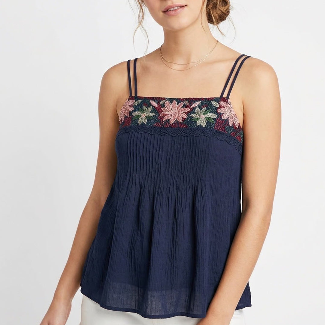 American Eagle Navy Blue Floral Embroidered Babydoll Cami Tank Top XS