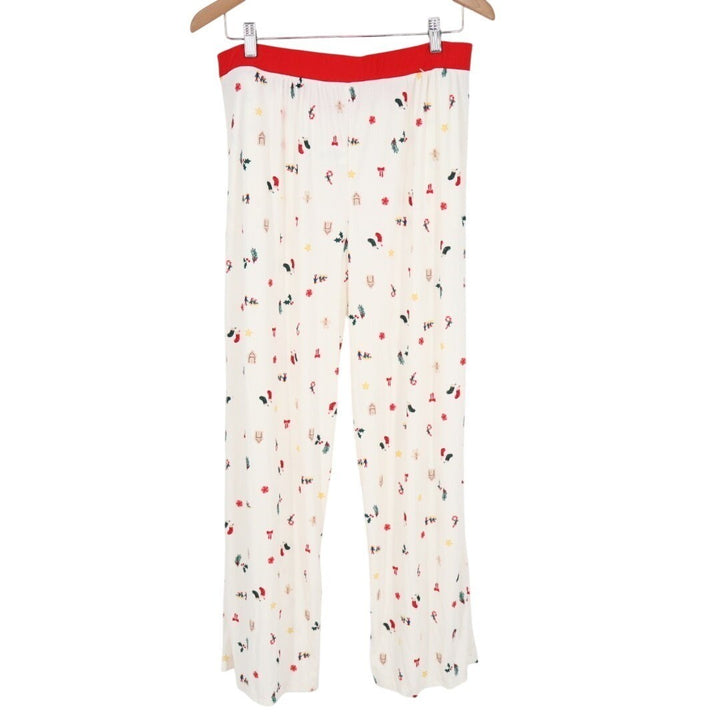 Christmas Pajama Pants Womens XL White Red Holiday Allover Print Stretch Casual